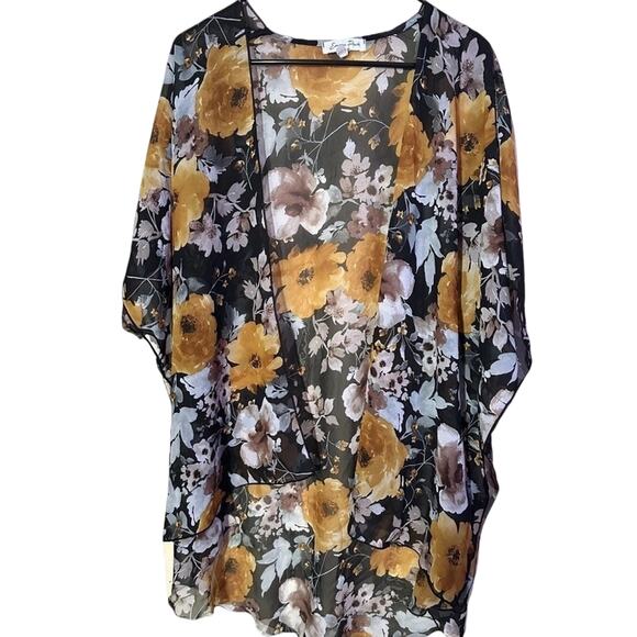 Emory Park Floral Kimono Women’s Size Medium M Black Yellow Tropical Fairy Sheer - Picture 1 of 3